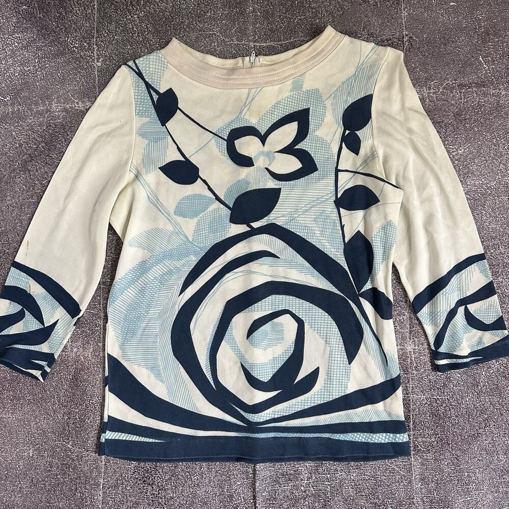 Women's Vintage 70's Trissi White Blue Floral Long Sleeve Blouse Top Shirt Sz L
